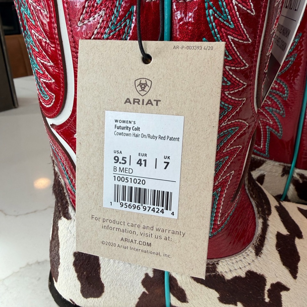 Ariat Brown and White Cowhide Leather Heeled Boots with Turquoise Lining - Picture 6 of 14